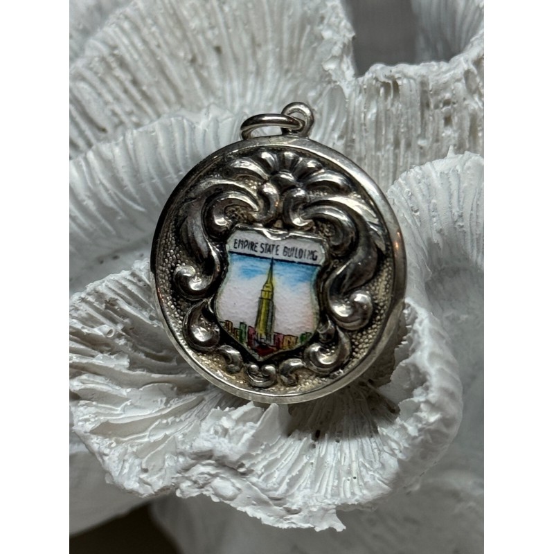 925 Sterling Silver Empire State Building Enamel Pendant Lenth 1.4 Inch