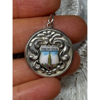 925 Sterling Silver Empire State Building Enamel Pendant Lenth 1.4 Inch