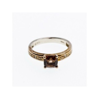 925 Sterling Silver Hessonite & Diamonds Ring Size 7