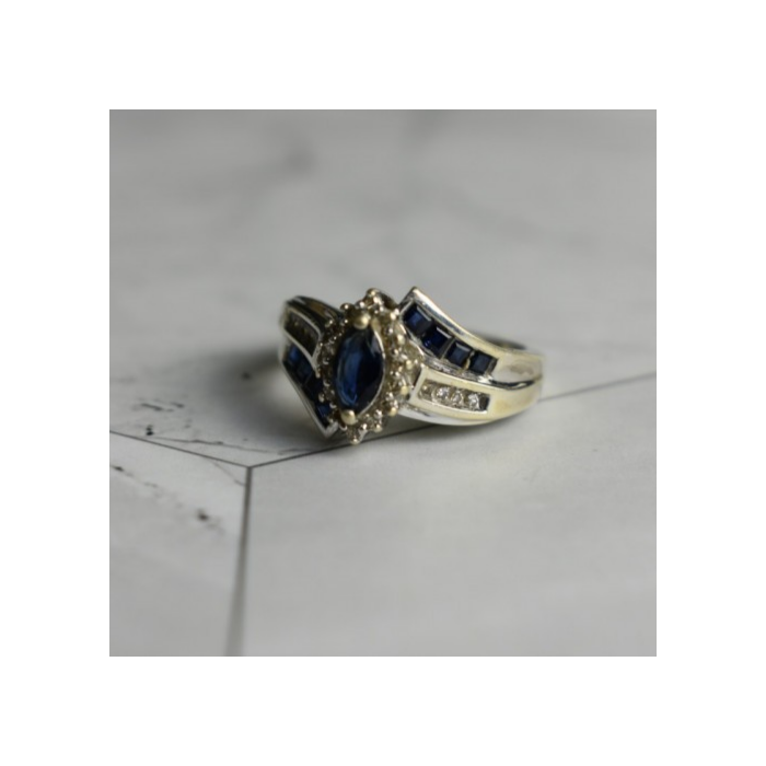 925 Sterling Silver Blue & White Sapphires Ring Size 6.5