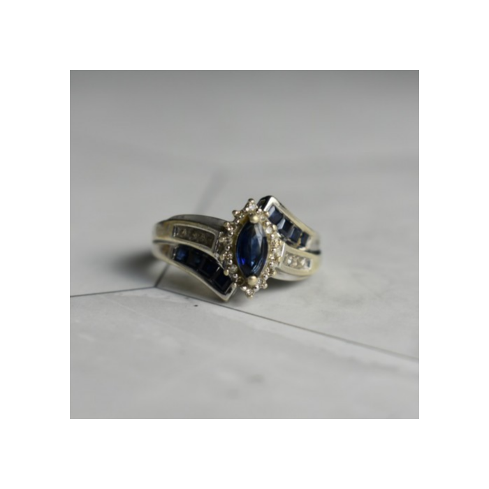 925 Sterling Silver Blue & White Sapphires Ring Size 6.5