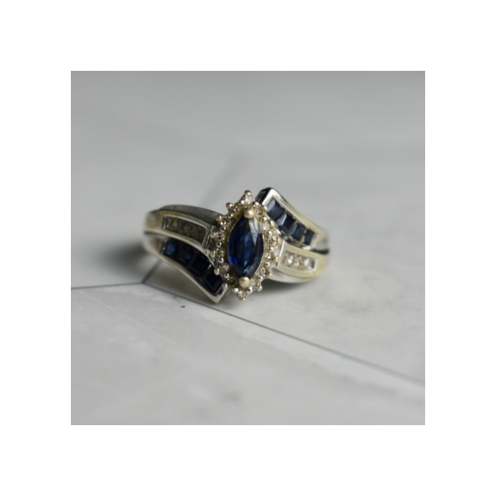925 Sterling Silver Blue & White Sapphires Ring Size 6.5