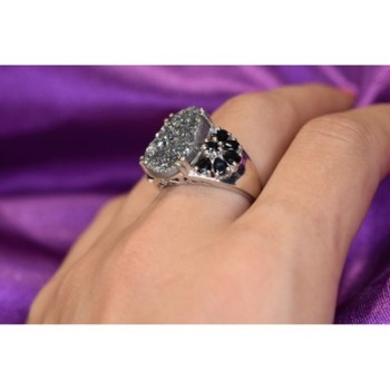 925 Sterling Silver Pyrite & Black Agate Ring Size 8