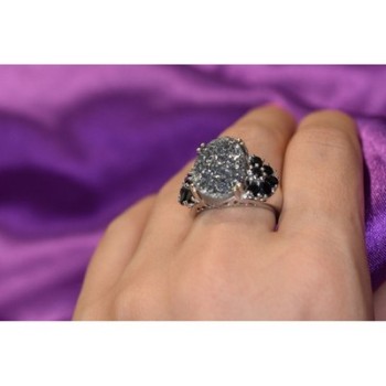 925 Sterling Silver Pyrite & Black Agate Ring Size 8