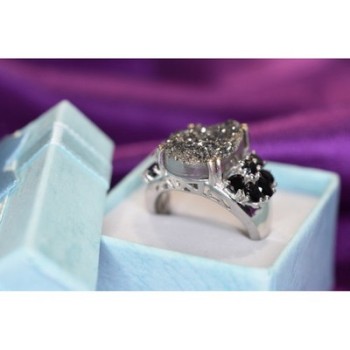 925 Sterling Silver Pyrite & Black Agate Ring Size 8