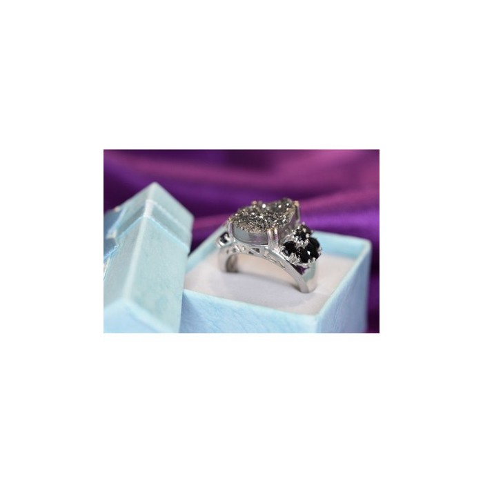 925 Sterling Silver Pyrite & Black Agate Ring Size 8