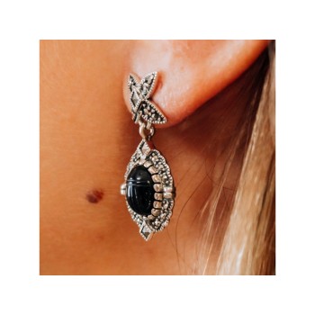 Vintage 925 Sterling Silver Onyx & Marcasites Earrings