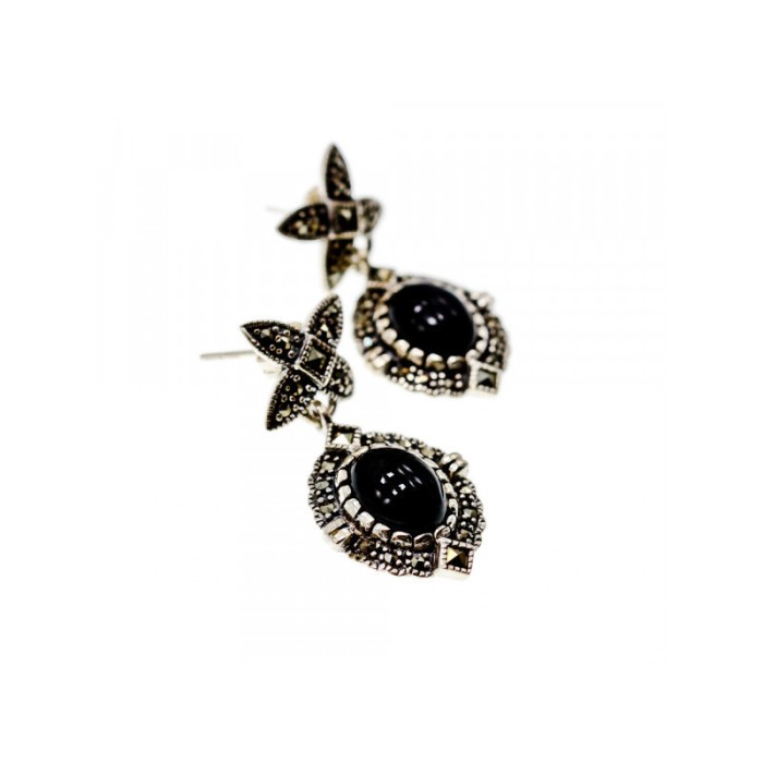 Vintage 925 Sterling Silver Onyx & Marcasites Earrings