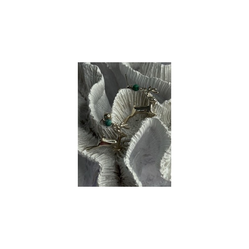 925 Sterling Silver Malachite Deer Earrings Length 1.40 Inch