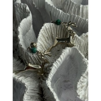 925 Sterling Silver Malachite Deer Earrings Length 1.40 Inch