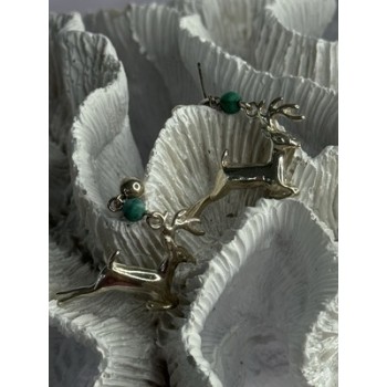 925 Sterling Silver Malachite Deer Earrings Length 1.40 Inch