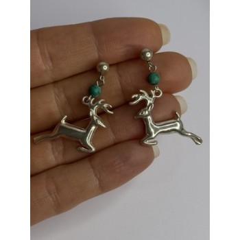 925 Sterling Silver Malachite Deer Earrings Length 1.40 Inch