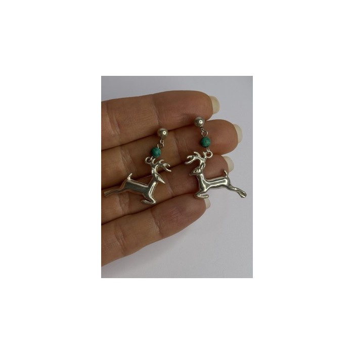 925 Sterling Silver Malachite Deer Earrings Length 1.40 Inch