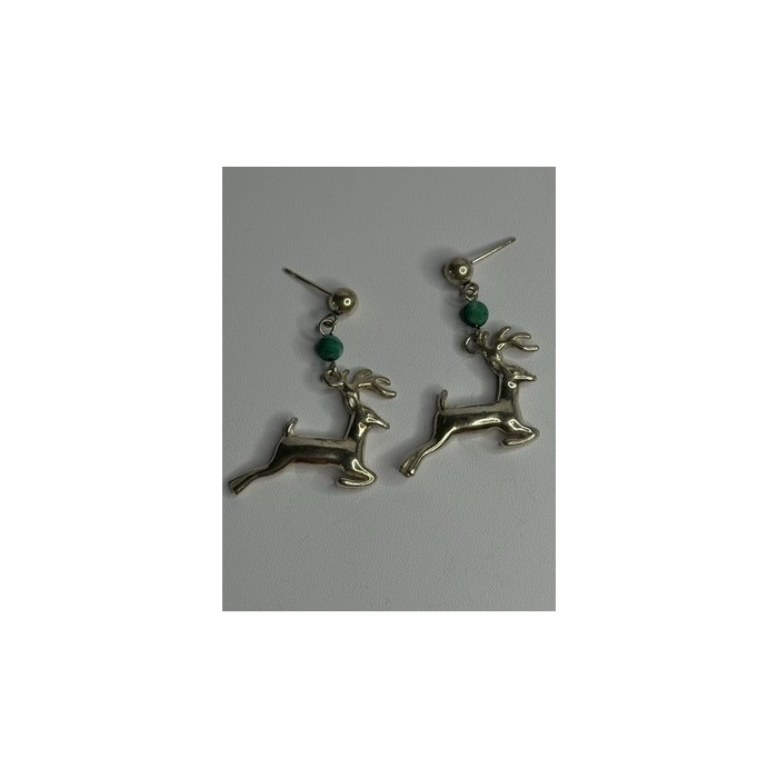 925 Sterling Silver Malachite Deer Earrings Length 1.40 Inch