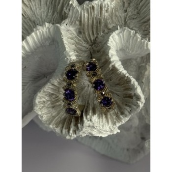925 Sterling Silver Amethyst & Marcasite Earrings Length 0.80 Inch
