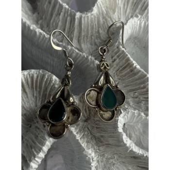 Vintage 925 Sterling Silver Malachite Earrings Length 1.70 Inch