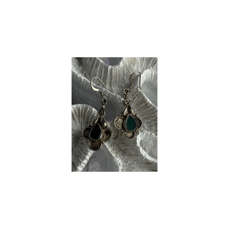 Vintage 925 Sterling Silver Malachite Earrings Length 1.70 Inch