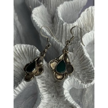 Vintage 925 Sterling Silver Malachite Earrings Length 1.70 Inch