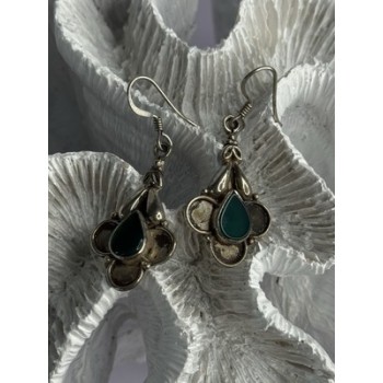 Vintage 925 Sterling Silver Malachite Earrings Length 1.70 Inch