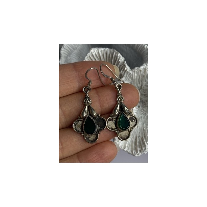 Vintage 925 Sterling Silver Malachite Earrings Length 1.70 Inch