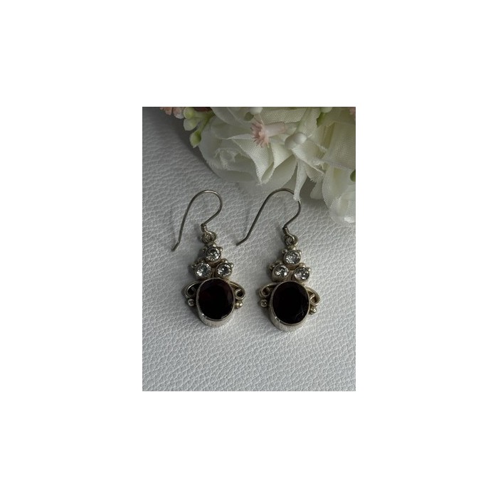 925 Sterling Silver Garnet & CZ Earrings Length 1.70 Inch
