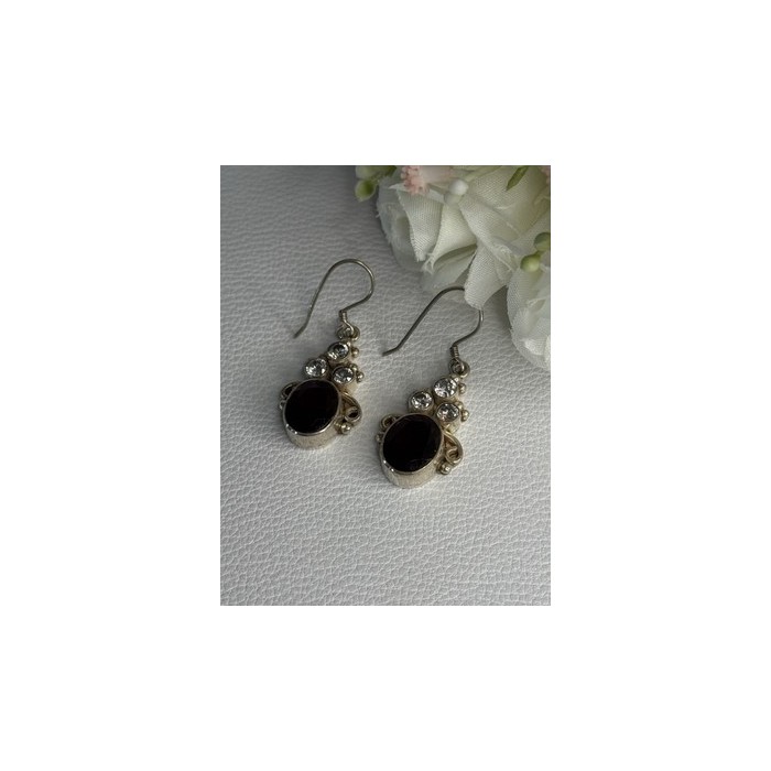 925 Sterling Silver Garnet & CZ Earrings Length 1.70 Inch