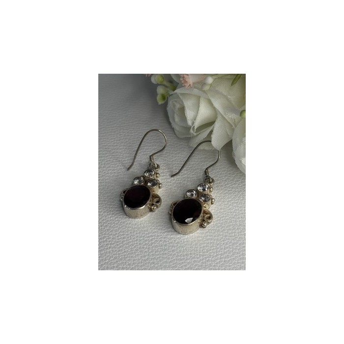 925 Sterling Silver Garnet & CZ Earrings Length 1.70 Inch