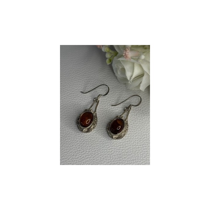 Vintage 925 Sterling Silver Amber Earrings Length 1.40 Inch