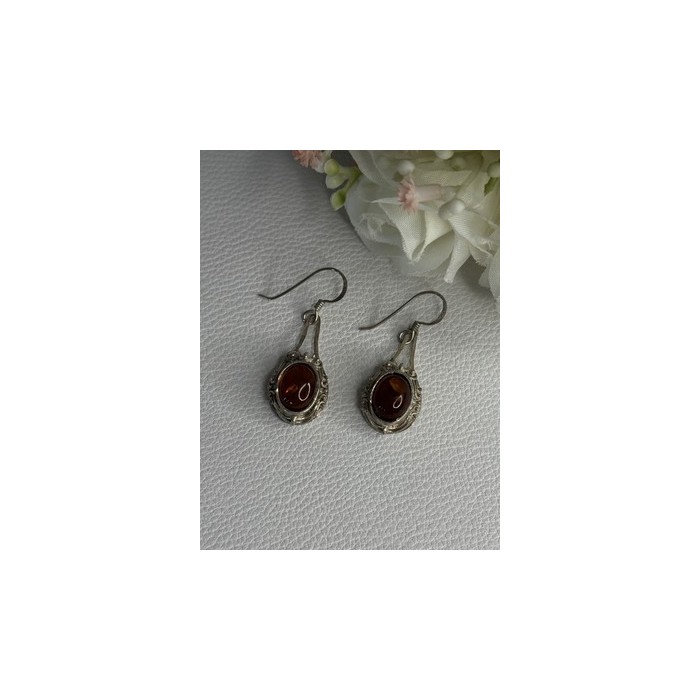 Vintage 925 Sterling Silver Amber Earrings Length 1.40 Inch