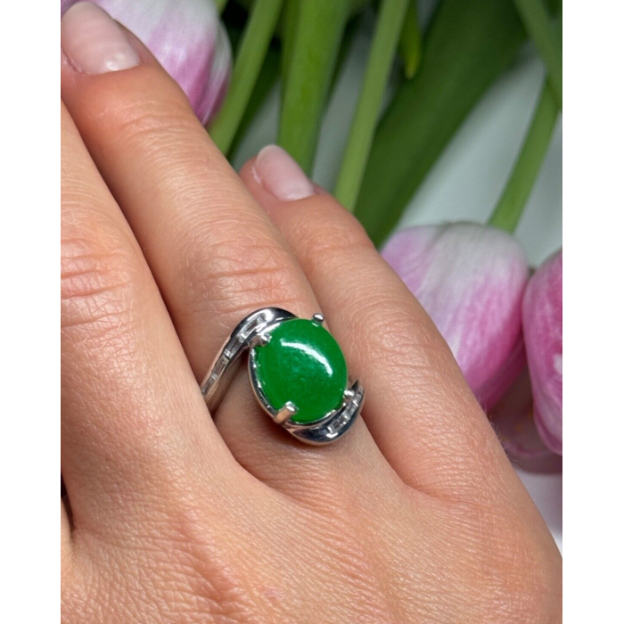 D'joy 925 Sterling Silver Green Nephrite & White Beryl Ring Size 6.5