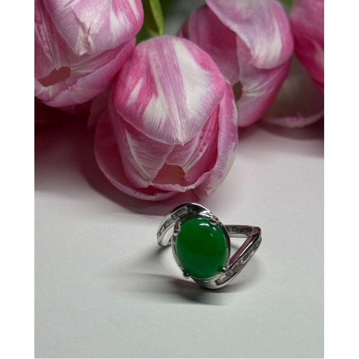 D'joy 925 Sterling Silver Green Nephrite & White Beryl Ring Size 6.5