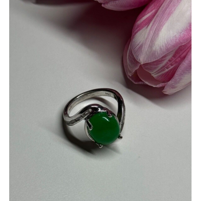 D'joy 925 Sterling Silver Green Nephrite & White Beryl Ring Size 6.5