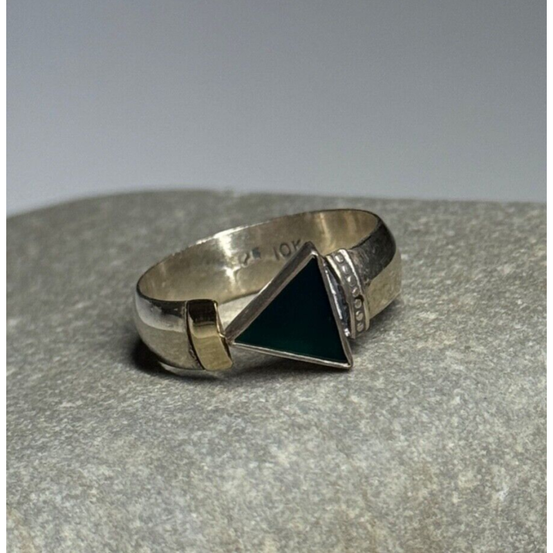 925 Sterling Silver & 10k Yellow Gold Onyx Ring Size 6