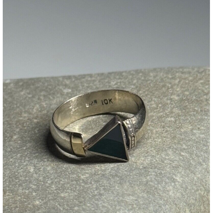 925 Sterling Silver & 10k Yellow Gold Onyx Ring Size 6
