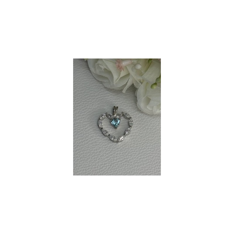 925 Sterling Silver Topaz & Beryl Heart Pendant Length 0.80 Inch
