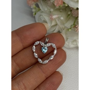 925 Sterling Silver Topaz & Beryl Heart Pendant Length 0.80 Inch