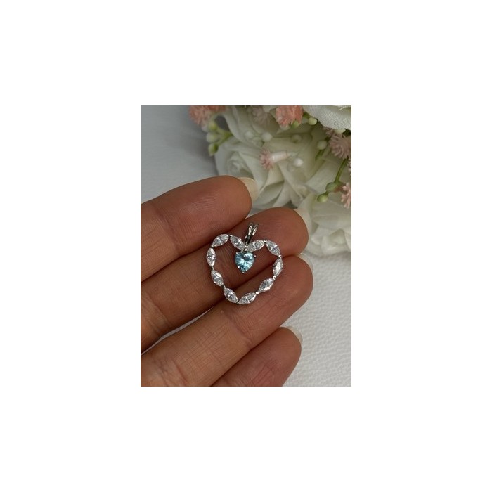 925 Sterling Silver Topaz & Beryl Heart Pendant Length 0.80 Inch