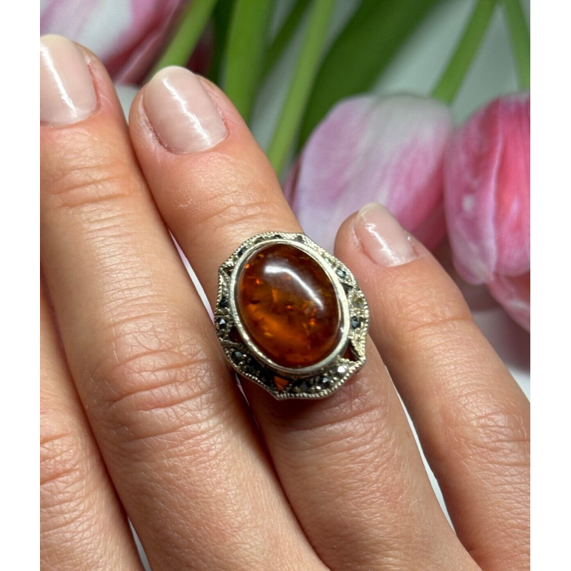 925 Sterling Silver Amber & Marcasite Ring Size 5