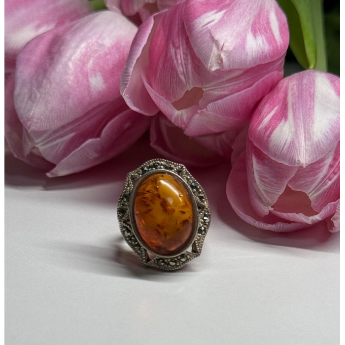 925 Sterling Silver Amber & Marcasite Ring Size 5