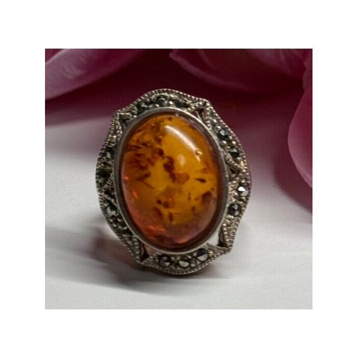925 Sterling Silver Amber & Marcasite Ring Size 5