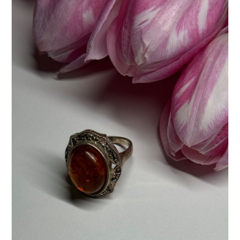 925 Sterling Silver Amber & Marcasite Ring Size 5