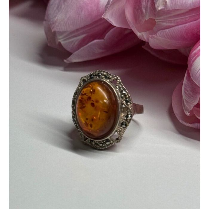 925 Sterling Silver Amber & Marcasite Ring Size 5