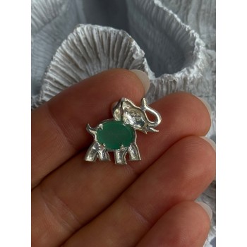 925 Sterling Silver Jade Elephant Charm Pendant Length 0.70 Inch