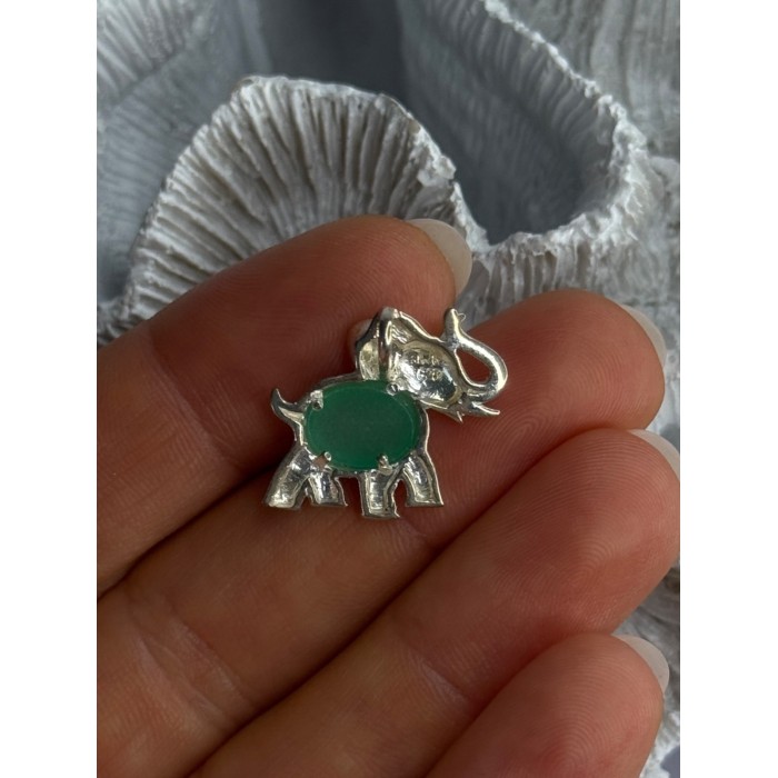 925 Sterling Silver Jade Elephant Charm Pendant Length 0.70 Inch