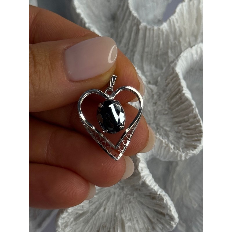 925 Sterling Silver Hematite Heart Pendant Length 1 Inch