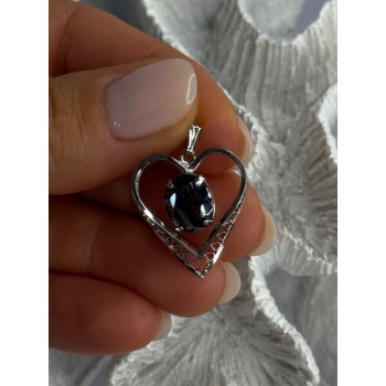 925 Sterling Silver Hematite Heart Pendant Length 1 Inch