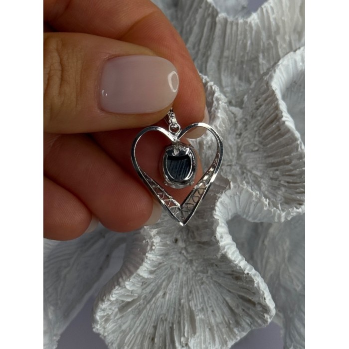 925 Sterling Silver Hematite Heart Pendant Length 1 Inch
