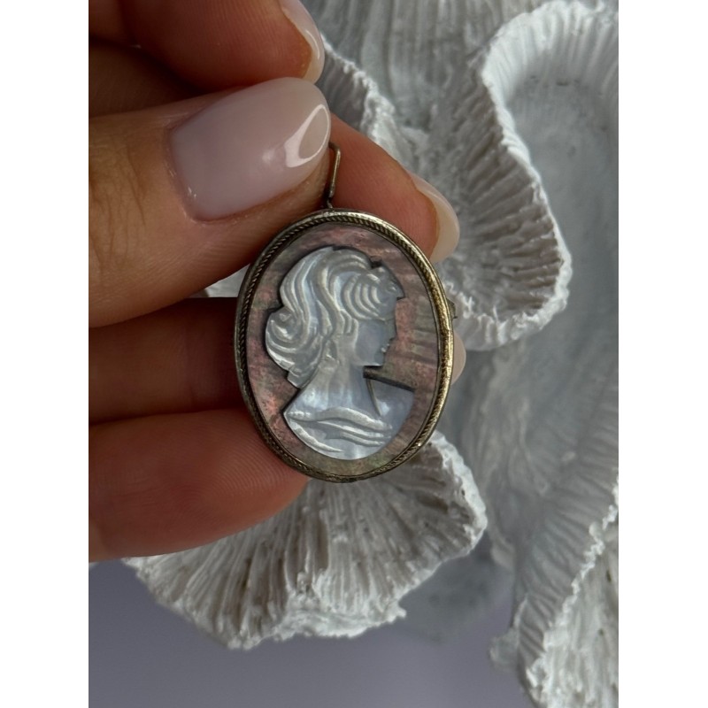 Vintage 925 Sterling Silver Abalone Cameo Brooch Pendant