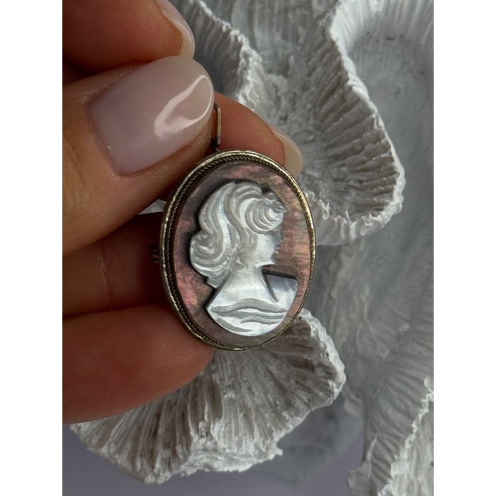 Vintage 925 Sterling Silver Abalone Cameo Brooch Pendant