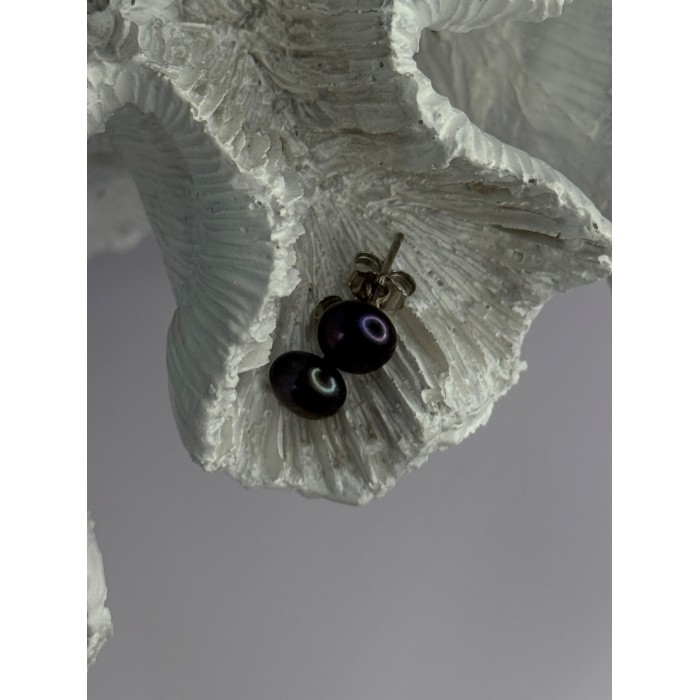 925 Sterling Silver Black Pearl Earrings Length 0.30 Inch